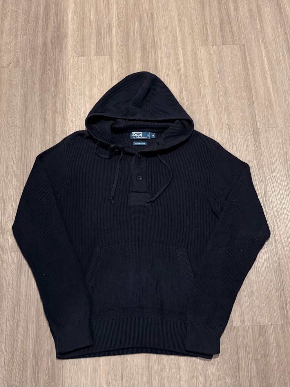 Vtg Polo Ralph Lauren Waffle-Knit Cotton Hoodie Blue Sz M
